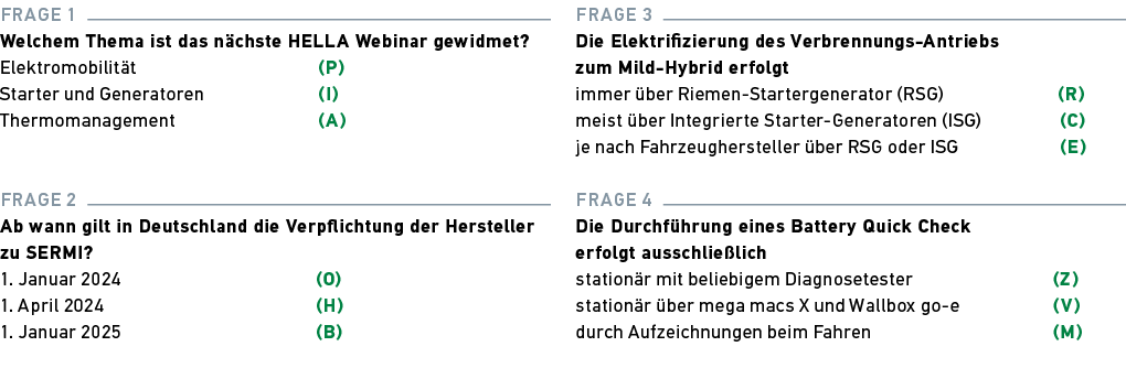 Frage 1 Welchem Thema ist das n chste HELLA Webinar gewidmet? Elektromobilit t (P) Starter und Generatoren (I) Thermo...