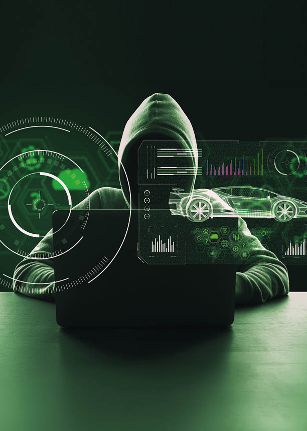 Hacker using laptop with abstract digital car hologram on dark background. Automation and transport concept. Double exposure  