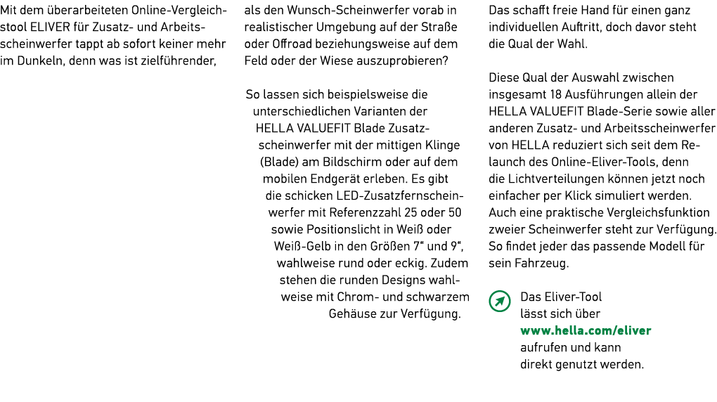 Mit dem berarbeiteten Online Vergleichstool ELIVER f r Zusatz und Arbeits­scheinwerfer tappt ab sofort keiner mehr i...