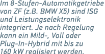 Im 8 Stufen Automatik­getriebe von ZF (z.B. BMW X5) sind ISG und Leistungselektronik ­integriert. Je nach Regelung ka...