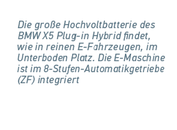 Die gro e Hochvoltbatterie des BMW X5 Plug in Hybrid findet, wie in reinen E Fahrzeugen, im Unterboden Platz. Die E M...