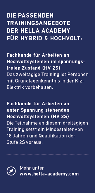 Die passenden ­Trainingsangebote der HELLA Academy f r Hybrid & Hochvolt: Fachkunde f r Arbeiten an ­Hochvoltsystemen...