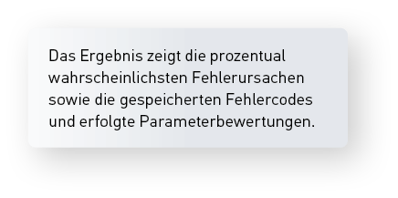 Das Ergebnis zeigt die prozentual wahrscheinlichsten Fehlerursachen sowie die gespeicherten Fehlercodes und erfolgte ...