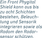 Ein Front Phygital Shield kann aus bis zu acht Schichten bestehen, Beleuchtung und Sensorik integrieren sowie als Rad...