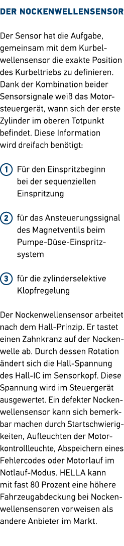 Der Nockenwellensensor Der Sensor hat die Aufgabe, ­gemeinsam mit dem Kurbel­wellensensor die exakte Position des Kur...
