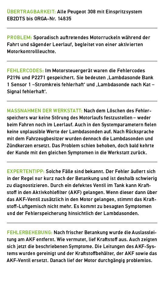  BERTRAGBARKEIT: Alle Peugeot 308 mit Einspritzsystem EB2DTS bis ORGA Nr. 14835 Problem: Sporadisch auftretendes Mot...