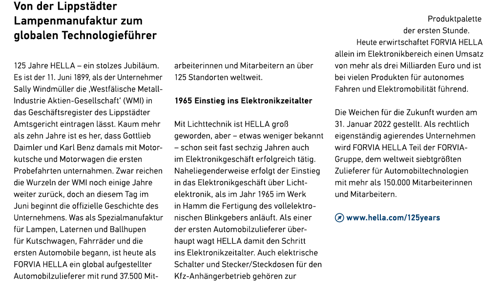 Von der Lippst dter ­Lampenmanufaktur zum globalen Technologief hrer 125 Jahre HELLA – ein stolzes Jubil um. Es ist d...