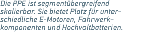 Die PPE ist segment bergreifend ­skalierbar. Sie bietet Platz f r unterschiedliche E Motoren, Fahrwerk­komponenten un...