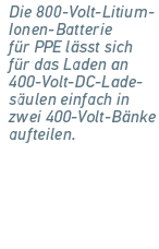Die 800 Volt Litium Ionen Batterie f r PPE l sst sich f r das Laden an 400 Volt DC Lades ulen einfach in zwei 400 Vol...