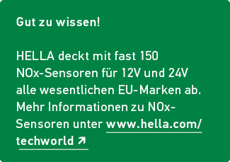 Gut zu wissen! HELLA deckt mit fast 150 NOx Sensoren f r 12V und 24V alle wesentlichen EU Marken ab. Mehr Information...
