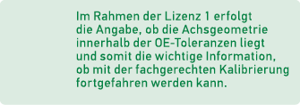 Im Rahmen der Lizenz 1 erfolgt die Angabe, ob die Achsgeometrie ­innerhalb der OE Toleranzen liegt und somit die wich...